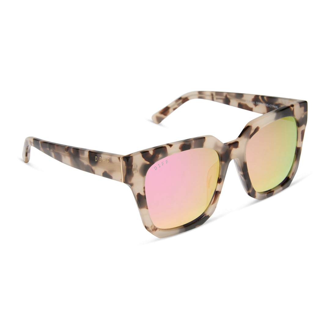 Angled view of cream tortoise DIFF Ariana sunglasses showcasing pink mirror lenses and modern oversized frame.
