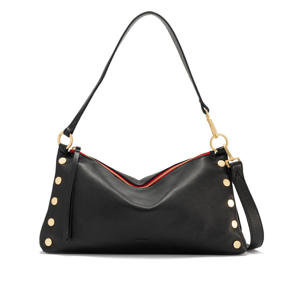 Hammitt Kyle Med - A medium, slouchy, black luxury leather bag with gold hardware, red zipper,shown with its two strap options.