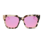 Oversized cream tortoise sunglasses with pink mirror lenses, shown from the front with bold geometric frames.