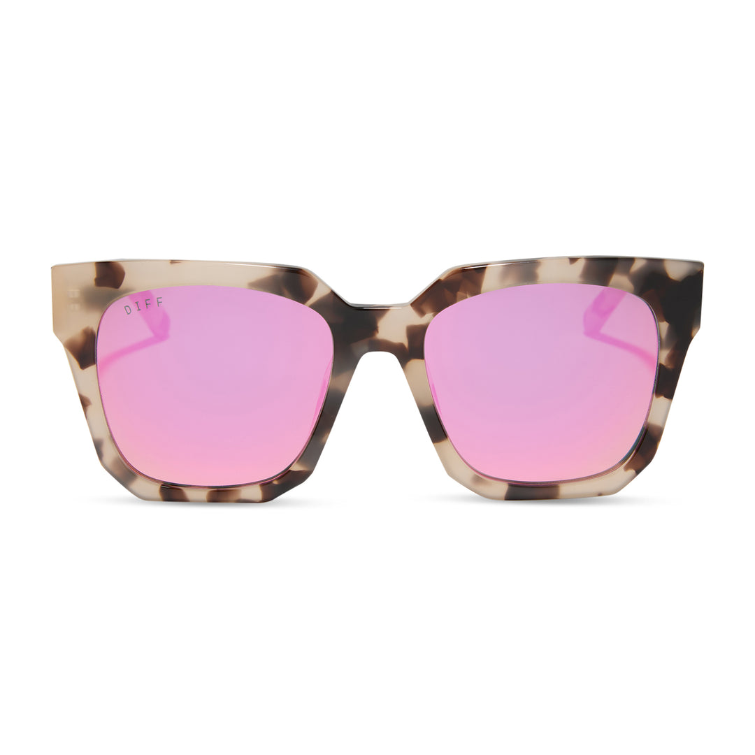 Oversized cream tortoise sunglasses with pink mirror lenses, shown from the front with bold geometric frames.