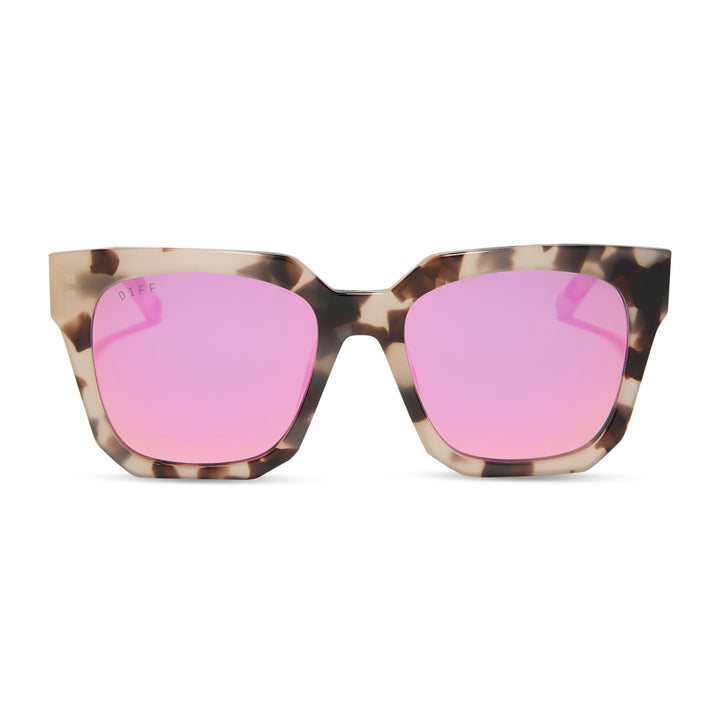 Oversized cream tortoise sunglasses with pink mirror lenses, shown from the front with bold geometric frames.