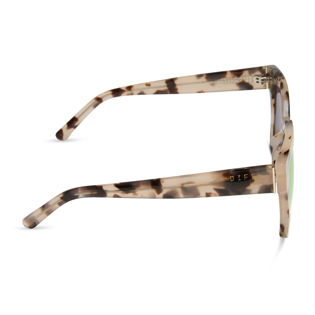Side profile of DIFF Ariana sunglasses highlighting the cream tortoise acetate arms and thick frame design.