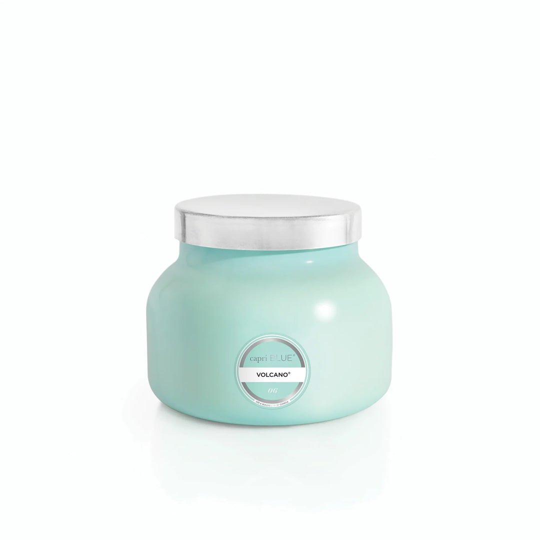 Volcano Aqua Petite Signature Candle 8oz – tropical citrus-scented petite candle in a bold aqua glass vessel with 40-hour burn time.
