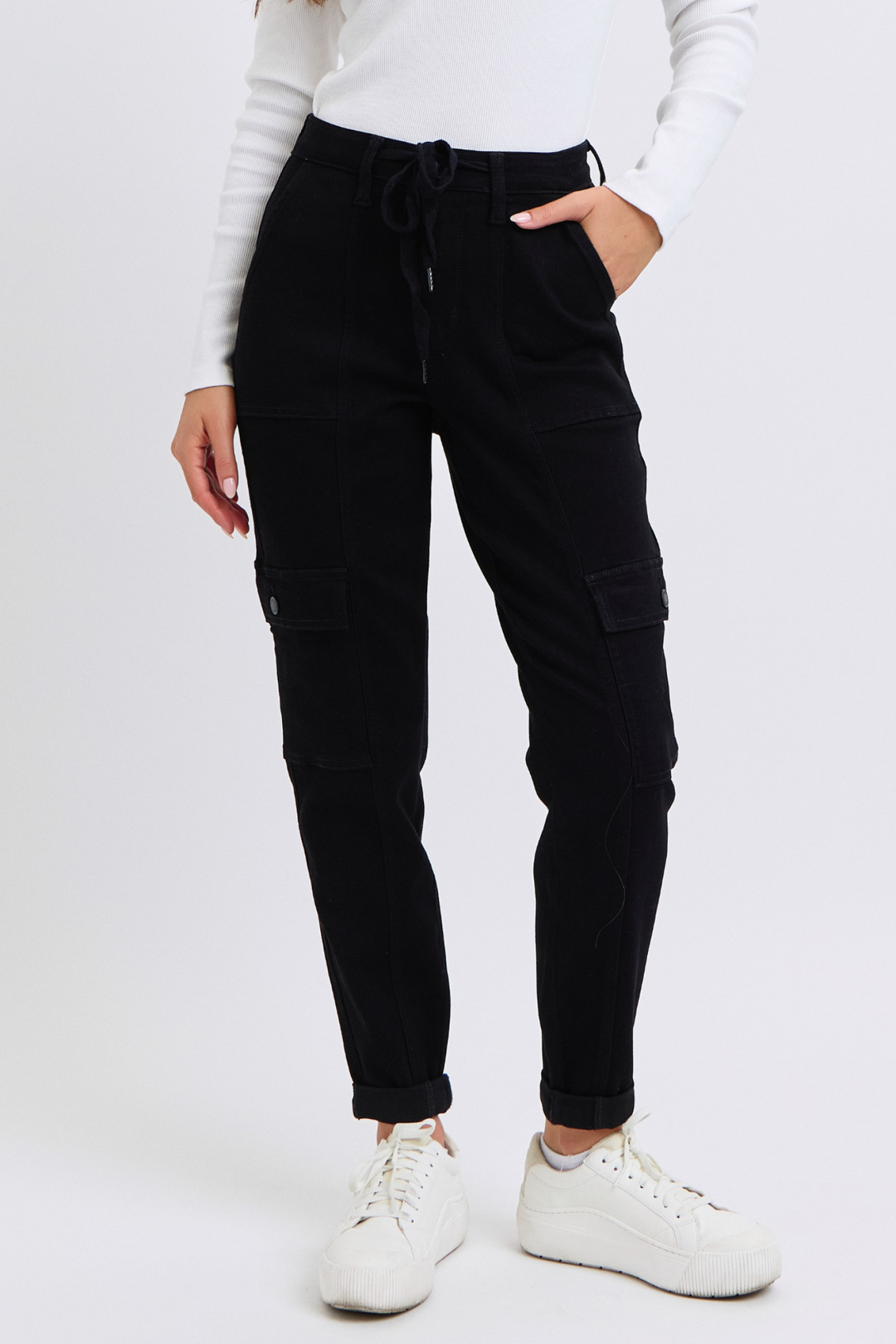 Judy Blue high waisted black denim cuffed cargo jeans