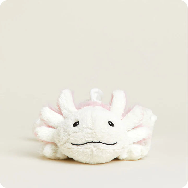 A soft, white plush axolotl toy with pink external gills, designed to be microwavable.