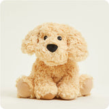 A soft, plush golden retriever dog toy with floppy ears and a friendly face, designed to be microwavable.