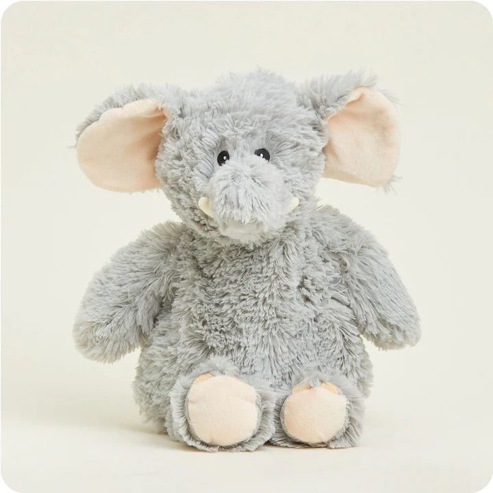 A soft, gray plush elephant toy with large floppy ears and a trunk, designed to be microwavable.