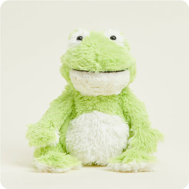 A soft, green plush frog toy with large, friendly eyes, designed to be microwavable.