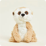 A soft, plush meerkat toy standing alert on its hind legs, with brown and tan fur, designed to be microwavable.