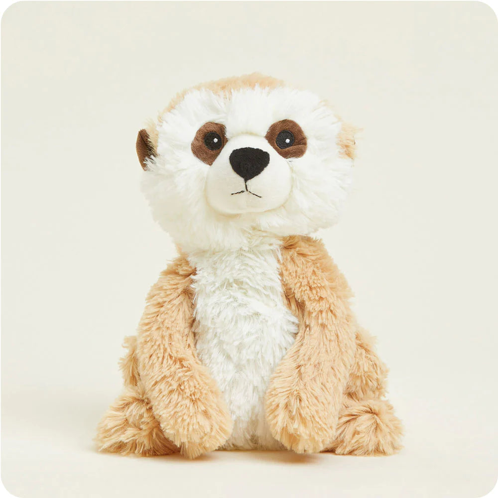 A soft, plush meerkat toy standing alert on its hind legs, with brown and tan fur, designed to be microwavable.
