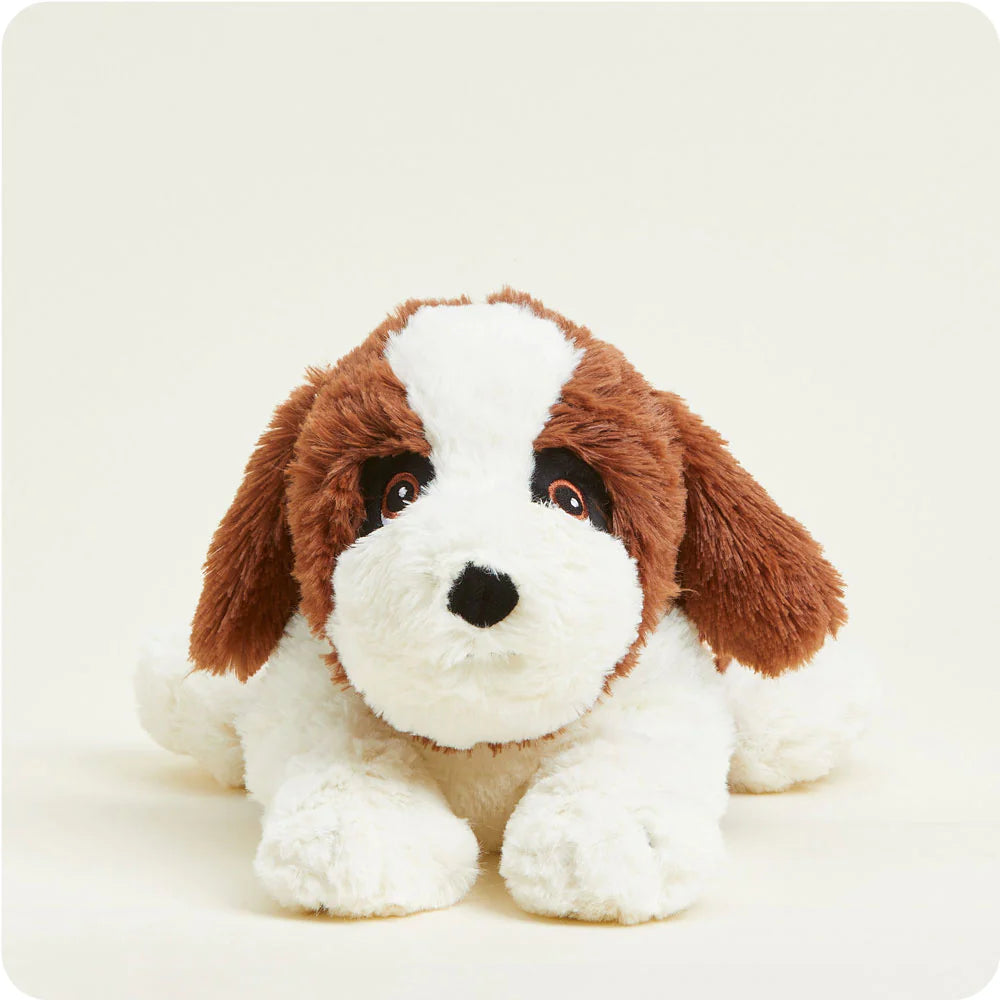 A soft, plush St. Bernard dog toy with brown, white, and black markings and droopy ears, designed to be microwavable.