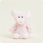 A small, soft plush pink elephant toy with large floppy ears, designed to be microwavable.