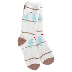 A pair of plush, soft cream-colored crew socks with a repeating pattern of two small blue birds sitting on a branch, with small red hearts. The socks have solid brown heels and toes.