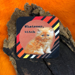 Funny kitten coaster with Whatever Bitch quote and absorbent neoprene material