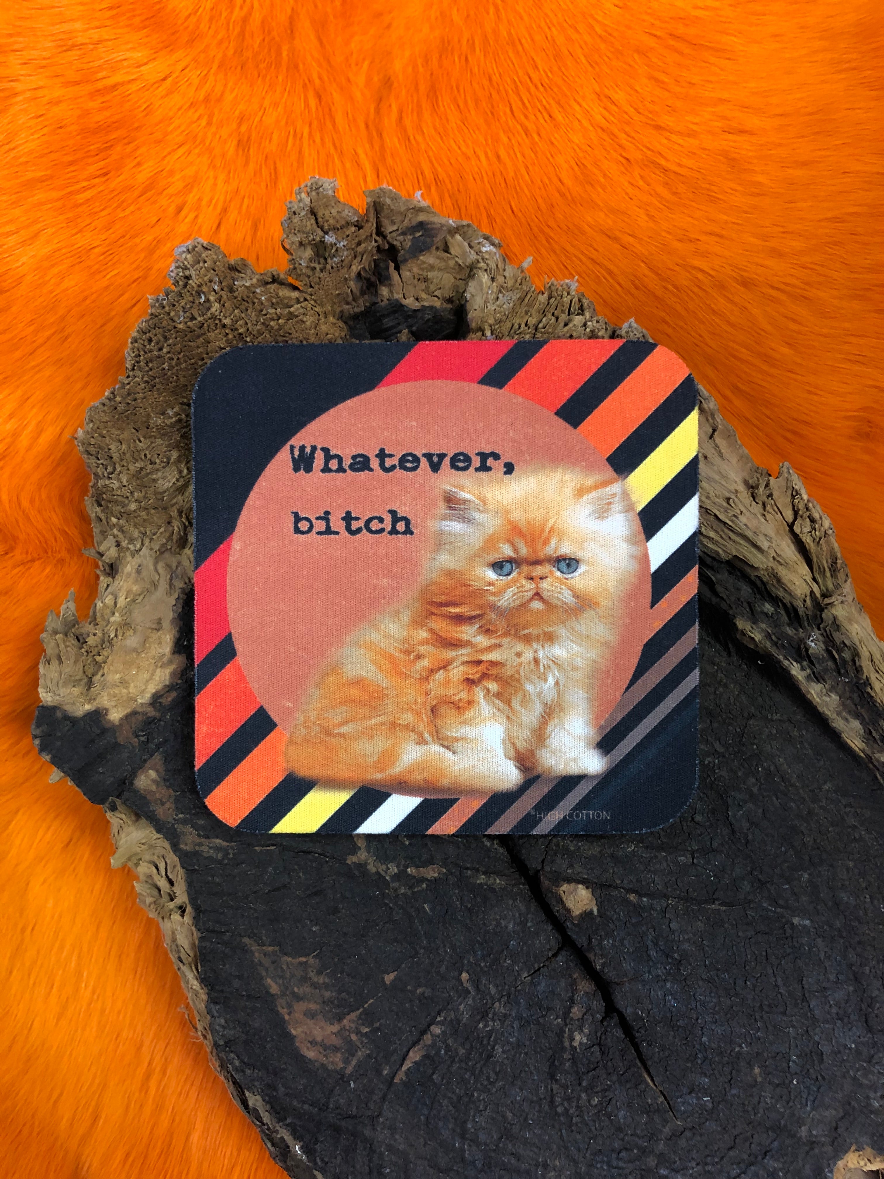 Funny kitten coaster with Whatever Bitch quote and absorbent neoprene material
