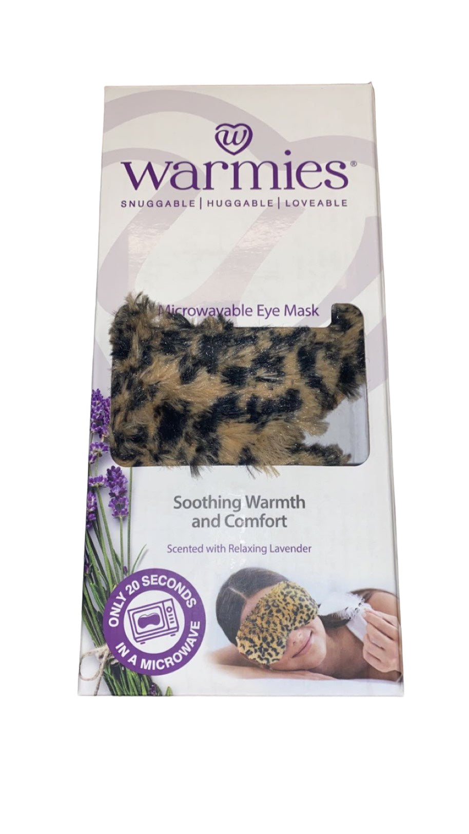 A soft, leopard-print eye mask with a satin elastic strap, designed to be microwavable.
