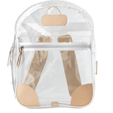 Clear Jon Hart backpack made of durable 20- and 30-mil PVC with Natural Leather trim, front zip pocket, reinforced corners, and adjustable leather-padded straps — stylish and meets clear bag requirements