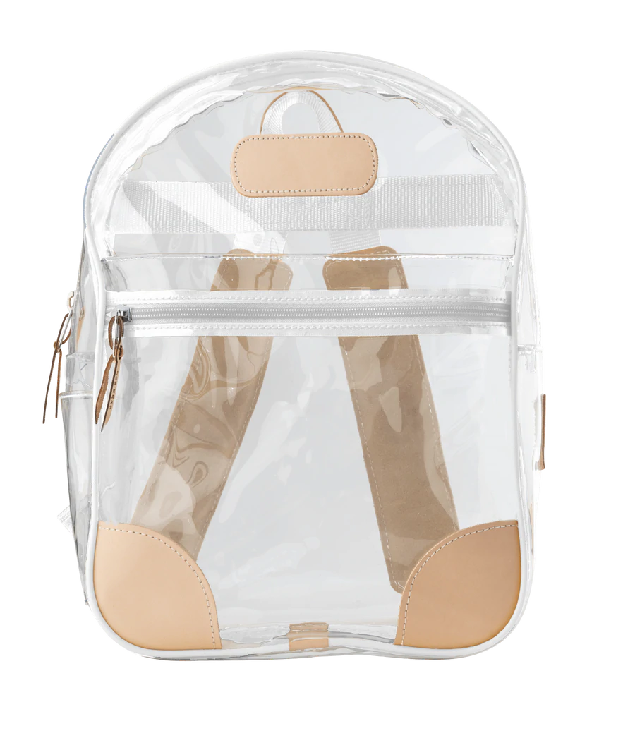 Clear Jon Hart backpack made of durable 20- and 30-mil PVC with Natural Leather trim, front zip pocket, reinforced corners, and adjustable leather-padded straps — stylish and meets clear bag requirements
