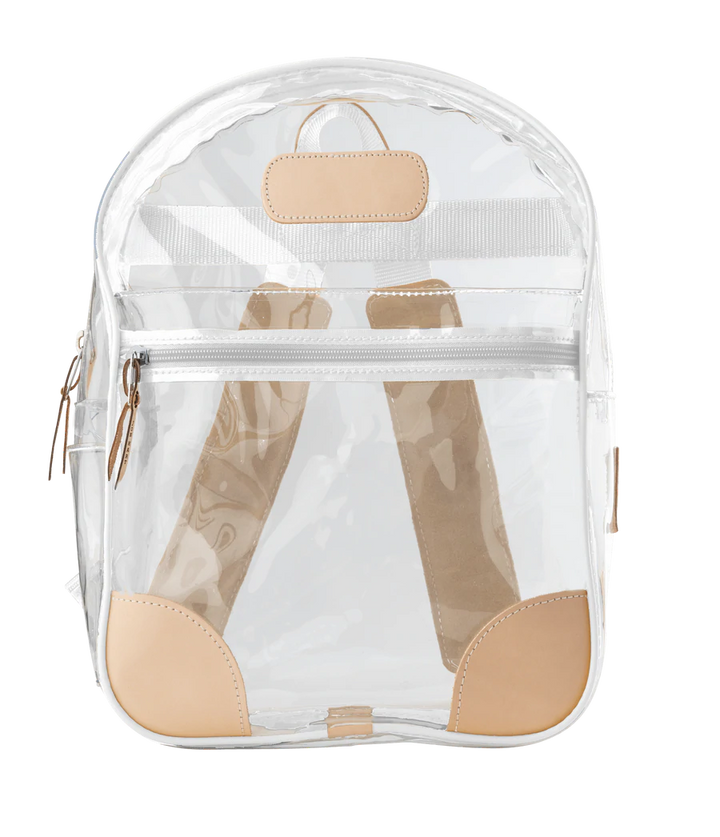 Clear Jon Hart backpack made of durable 20- and 30-mil PVC with Natural Leather trim, front zip pocket, reinforced corners, and adjustable leather-padded straps — stylish and meets clear bag requirements