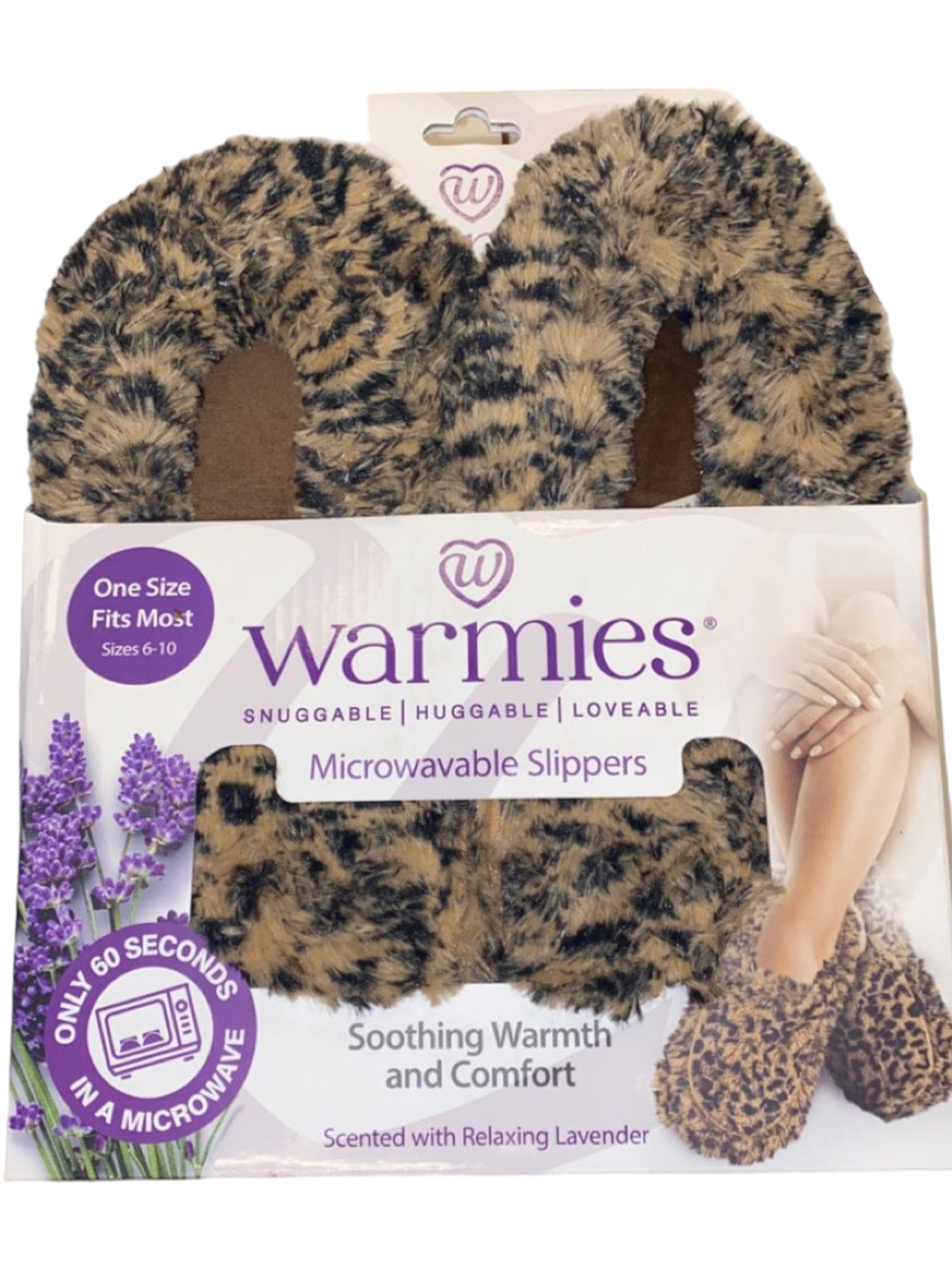 A pair of women's slip-on slippers covered in a soft, leopard-print faux fur, designed to be microwavable.