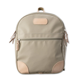 Jon Hart Large Backpack in durable coated canvas with natural leather trim, two main zip compartments, front and side pockets, adjustable leather-detailed straps, and a new trolley sleeve.
