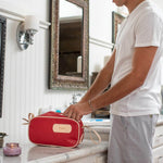 Jon Hart Shave Kit with coated canvas, natural leather trim, and zippered closure for organized travel essentials.