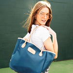 Jon Hart Medium Holiday Tote, 12x12x6.5 in, coated canvas with leather trim and rolled handles.