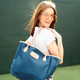 Jon Hart Medium Holiday Tote, 12x12x6.5 in, coated canvas with leather trim and rolled handles.