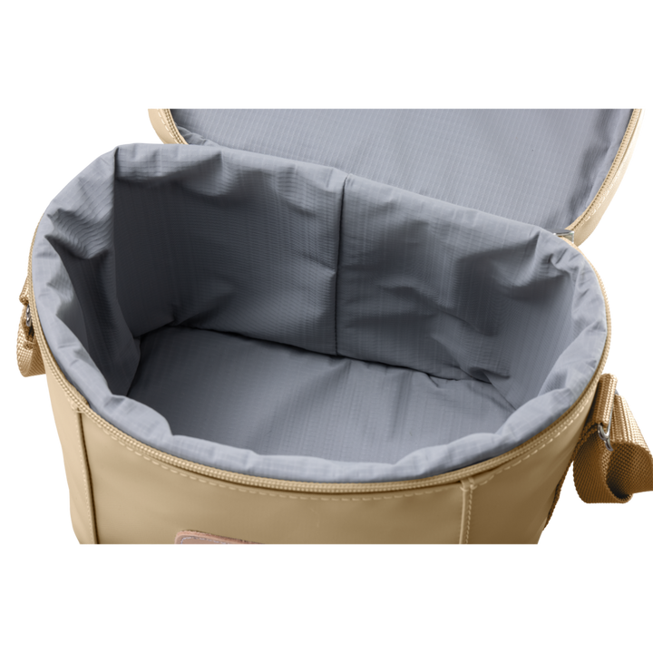 Versatile insulated Jon Hart lunch box with removable insert, zip closure, and adjustable shoulder strap in coated canvas with natural leather trim.