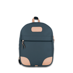 Jon Hart french blue coated canvas backpack with Natural Leather trim, front zip pocket, two side pockets, and adjustable leather-detailed straps.