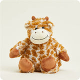 A soft, plush giraffe toy with a long neck and spotted pattern, designed to be microwavable.