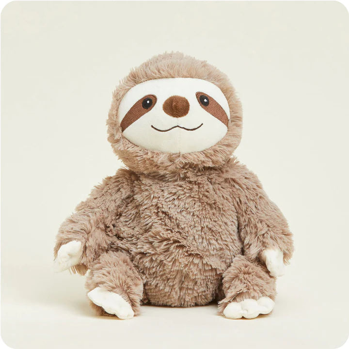 A soft, plush sloth toy with long arms and a friendly face, designed to be microwavable.